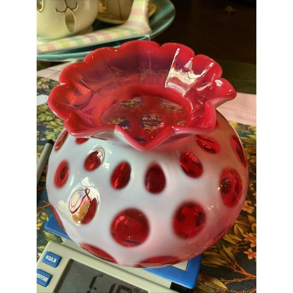 Vintage FENTON MCM Cranberry Opalescent Coin‎ Dot Art Glass Vase 6.5